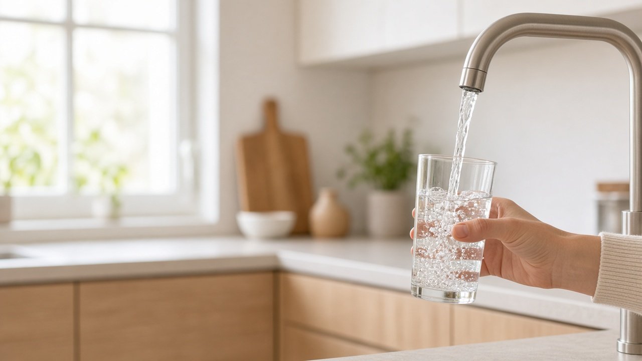 Vatten som tappas ur en köksblandare i ett glas