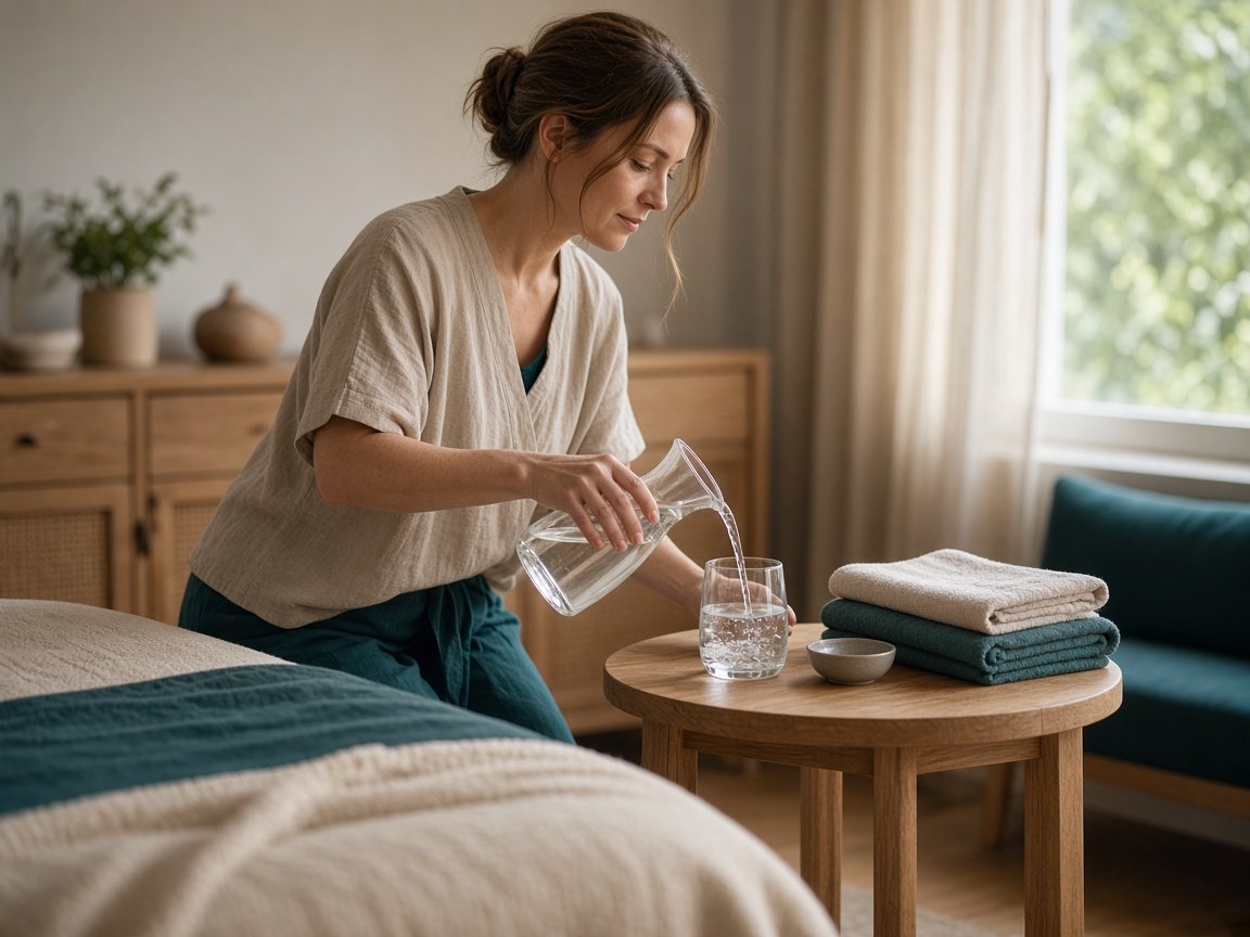 Glas vatten vid massörens bänk